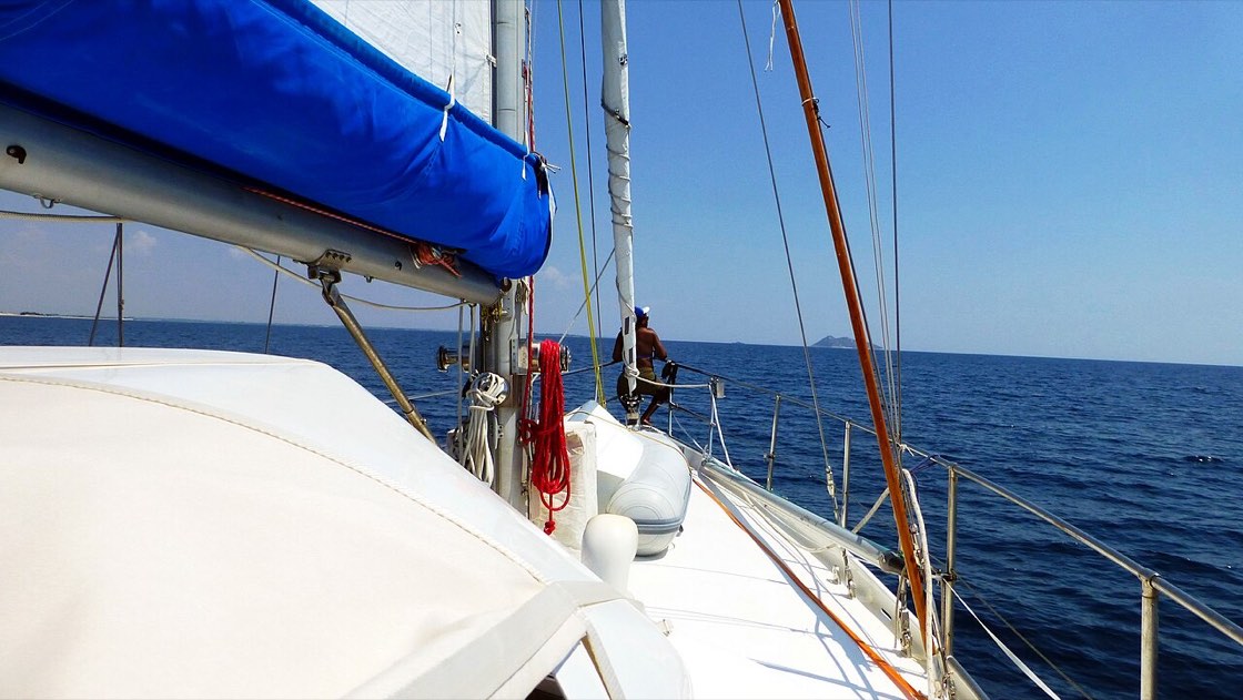 On deck aboard a sailing yacht under way in the Aegean